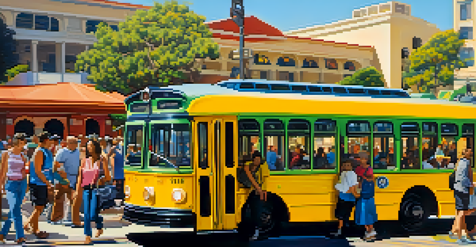 A bright yellow trolley arrives at a San Diego station, with diverse passengers and colorful murals in the background.