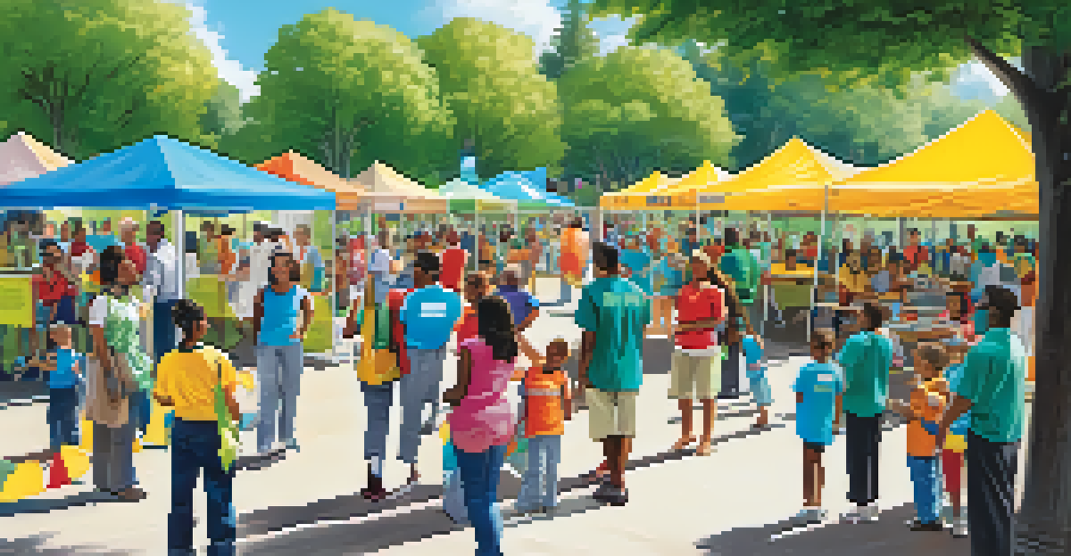 A community health event in a park with families and volunteers engaging in health education activities.
