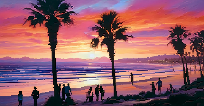 A stunning sunset over Pacific Beach in San Diego, with silhouettes of palm trees and people enjoying the beach.