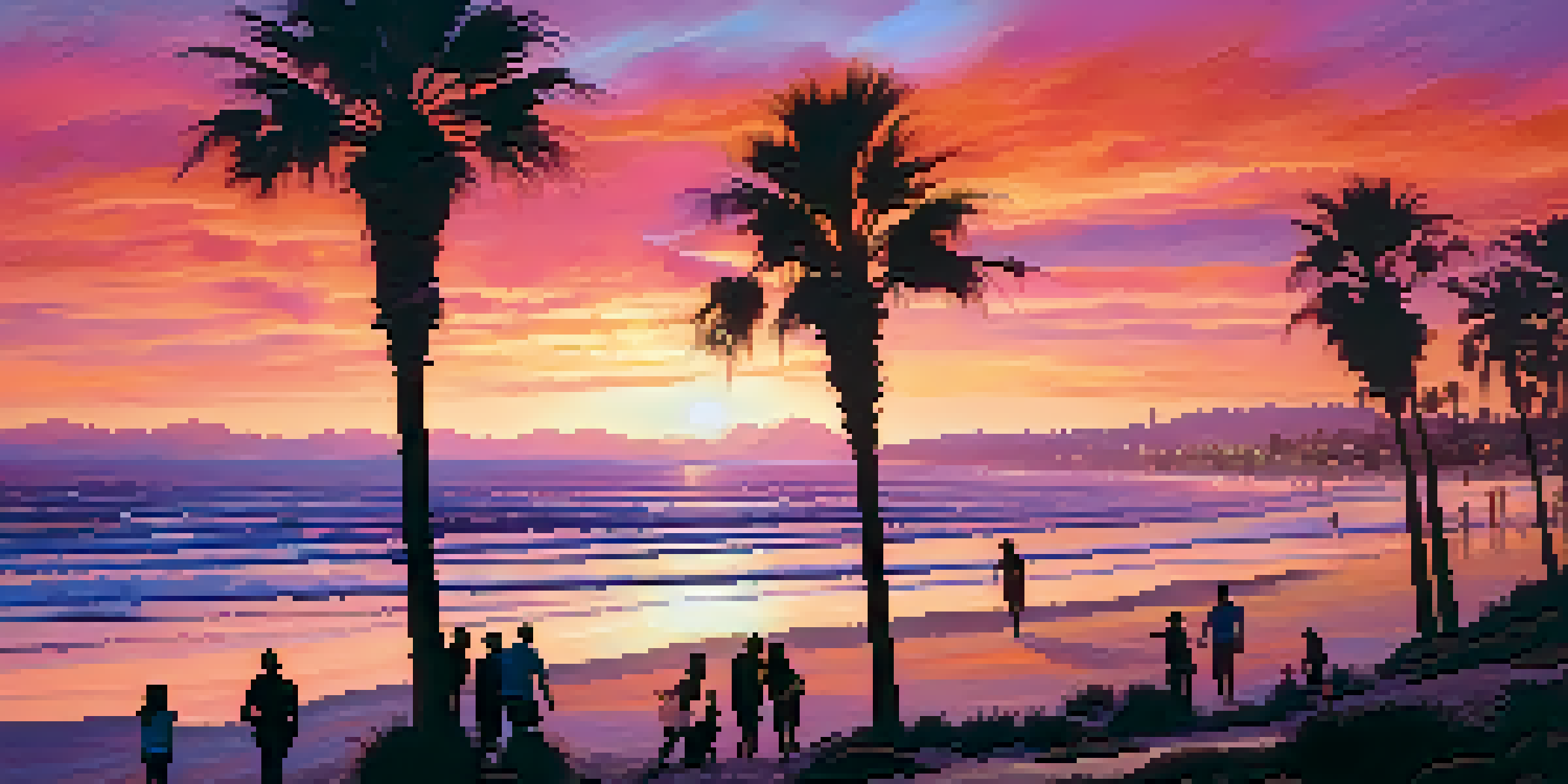 A stunning sunset over Pacific Beach in San Diego, with silhouettes of palm trees and people enjoying the beach.