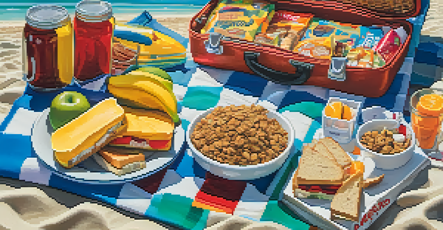 A colorful beach picnic setup with snacks on a checkered blanket, surrounded by beach towels and toys against the ocean backdrop.