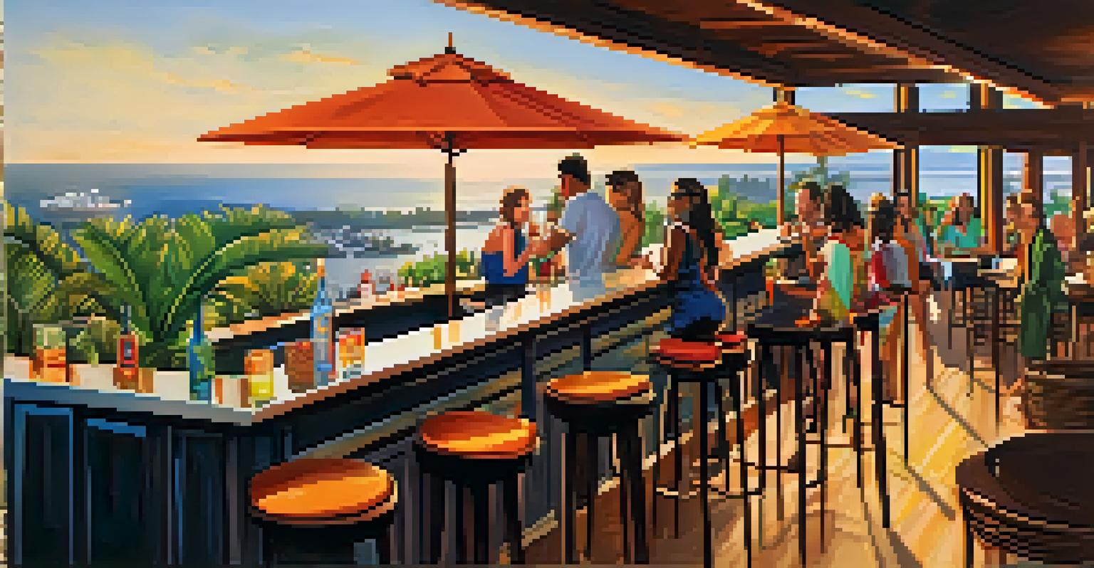 A tropical rooftop bar with tiki torches and lush greenery, guests enjoying cocktails and a view of the coastline.