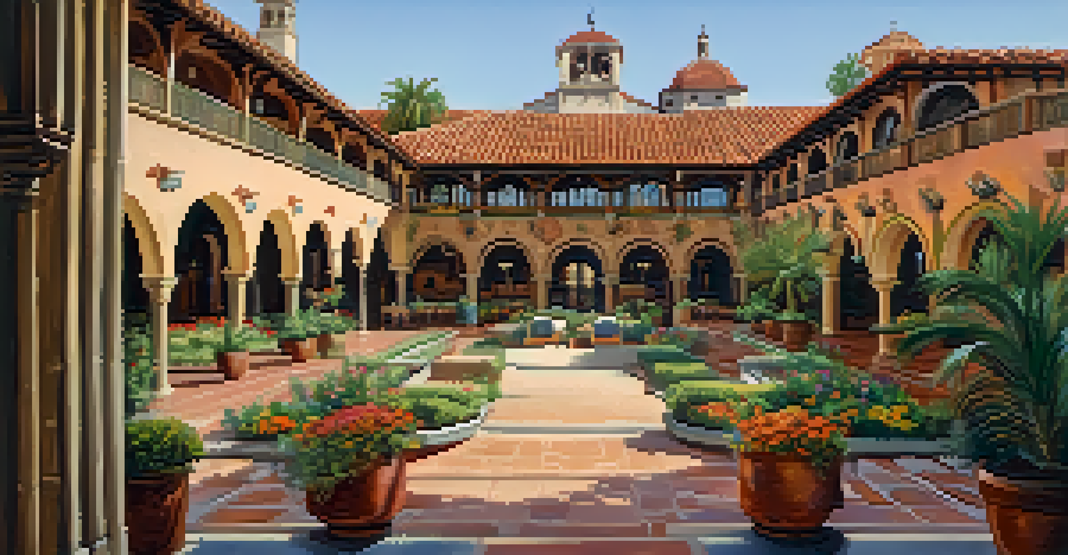The Mission Inn with its Spanish Colonial architecture, featuring arches and a colorful courtyard.