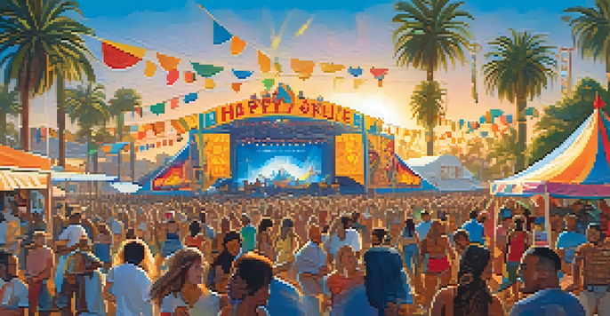 A lively outdoor music festival with a diverse crowd dancing and enjoying live music under a clear sky in San Diego.