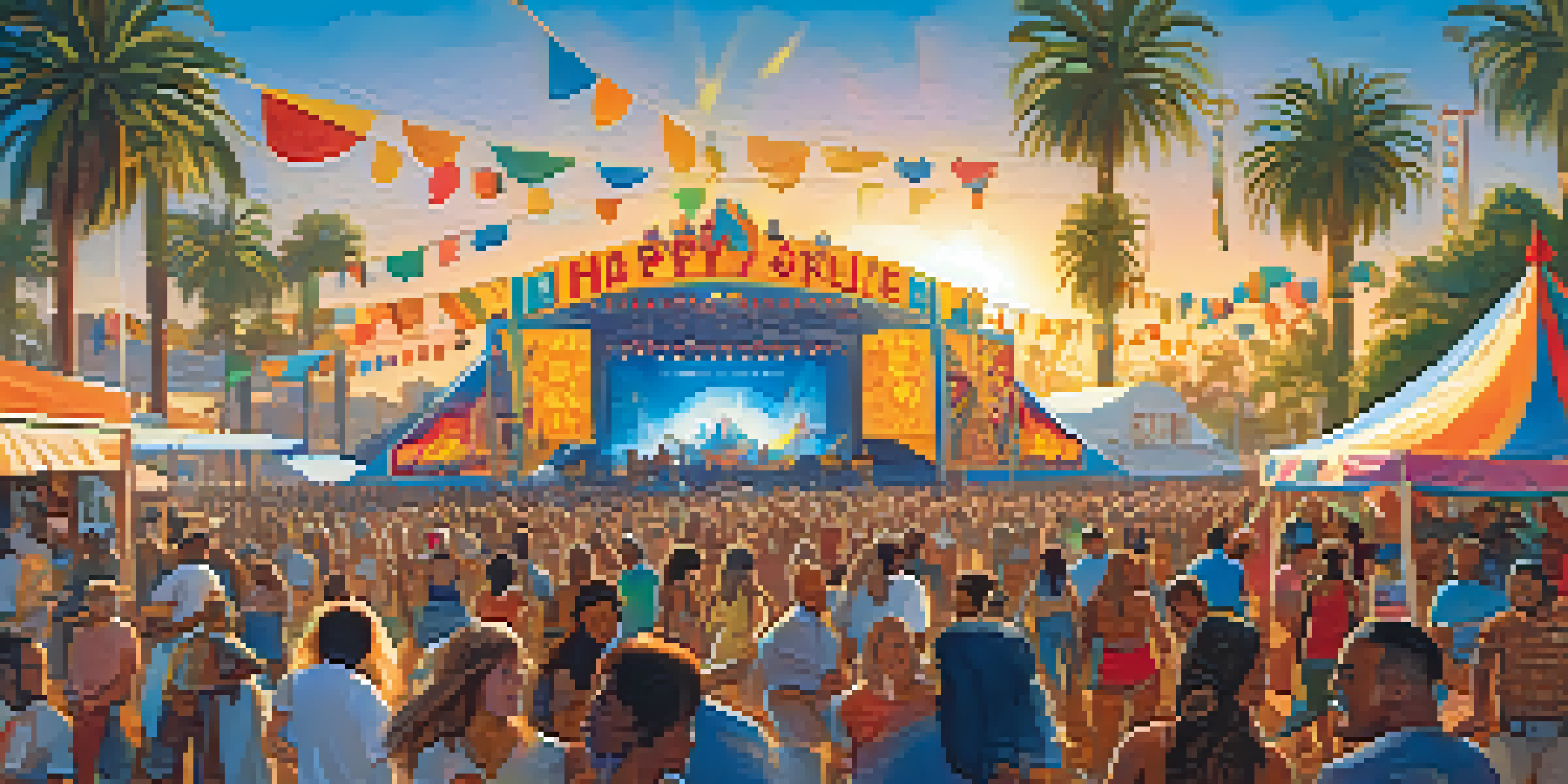 A lively outdoor music festival with a diverse crowd dancing and enjoying live music under a clear sky in San Diego.