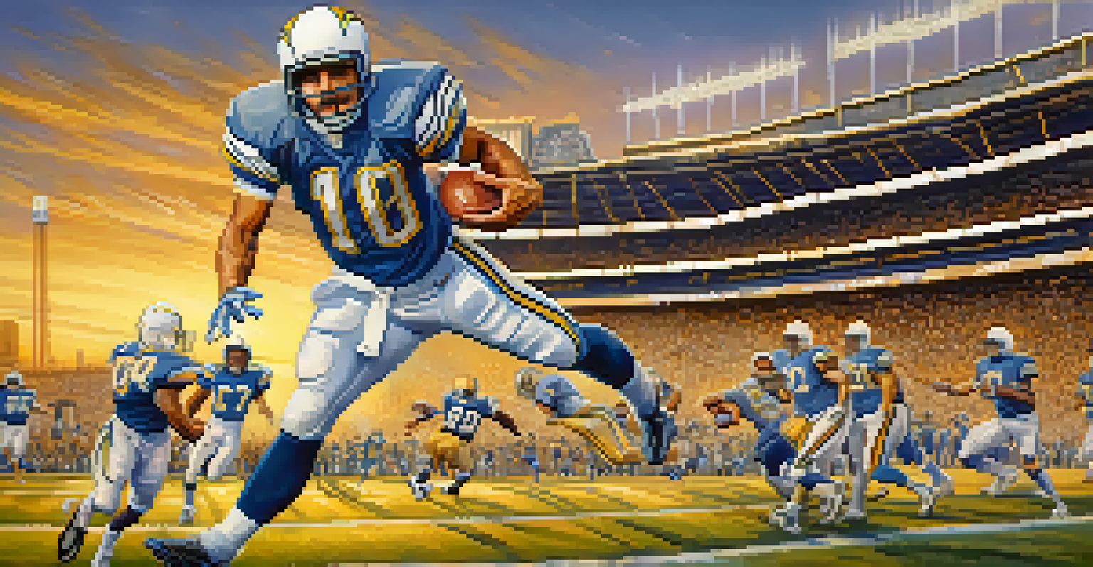 A collage of memorable Chargers moments with players in action and the San Diego skyline at sunset.