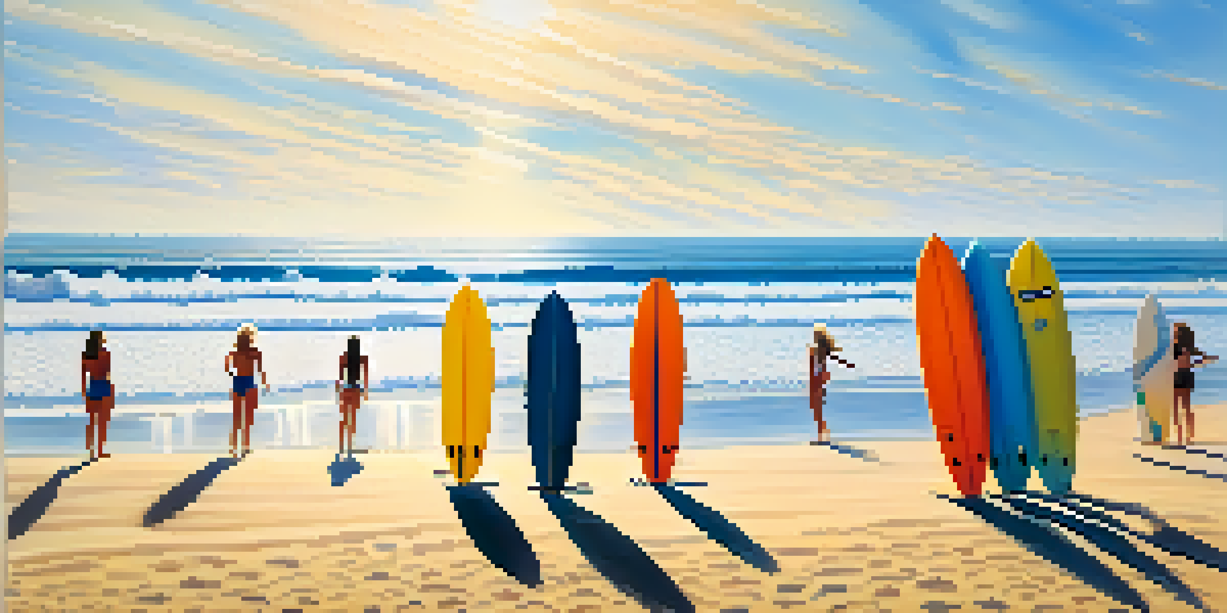 A sunny beach in San Diego with diverse female surfers riding waves, colorful wetsuits, and surfboards.