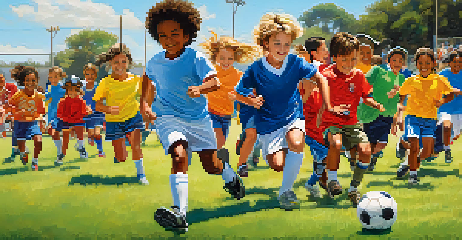 Children of diverse backgrounds playing soccer on a grassy field in San Diego, with parents cheering from the sidelines.