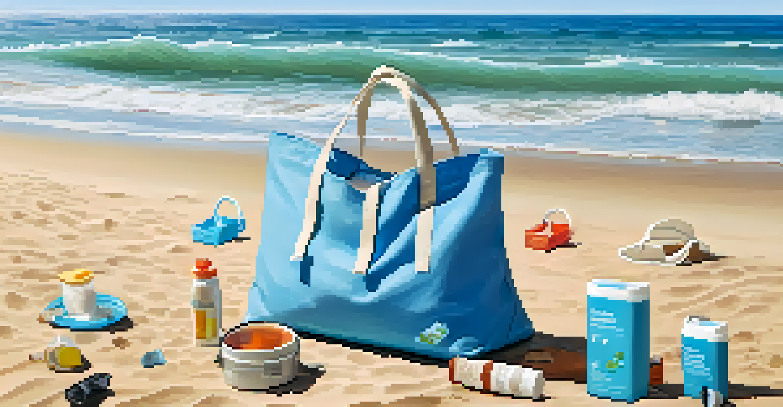A close-up of an eco-friendly beach bag on the sand, with reusable containers and sunscreen, while friends participate in a beach clean-up in the background.