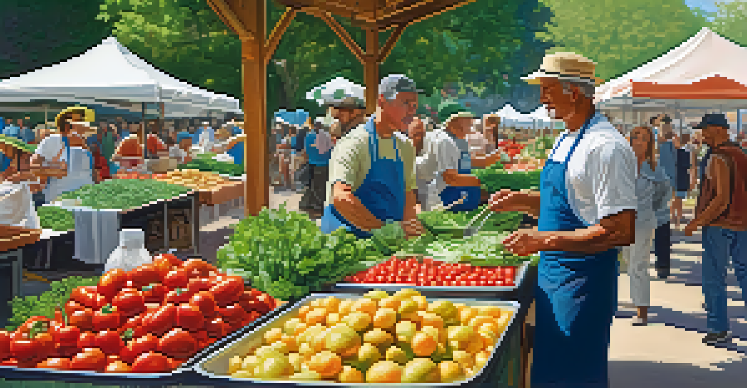 A farmer teaching cooking techniques with fresh produce at a farmers market, surrounded by engaged visitors.