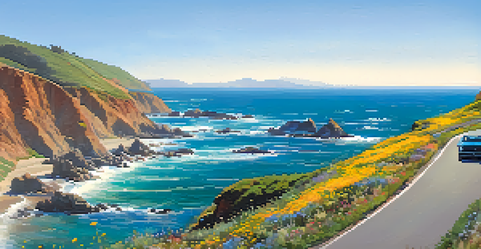 A picturesque view of a coastal highway with the ocean on one side and cliffs on the other, featuring surfers in the distance and blooming wildflowers along the roadside.