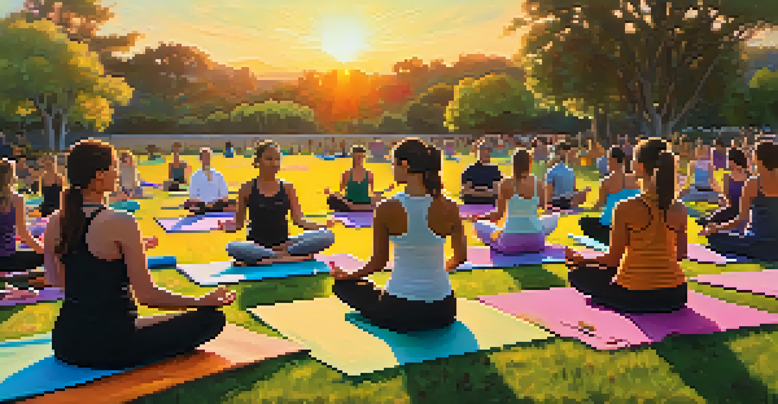 A peaceful yoga class at sunset in a park, with participants in yoga poses surrounded by flowers and grass.