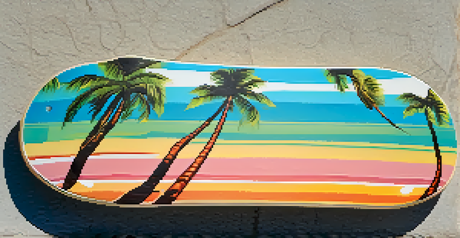 A close-up of a skateboard deck with vibrant beach-inspired artwork resting on a textured concrete surface.