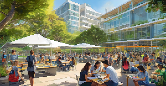 A lively university campus with students working on STEM projects amidst modern buildings and greenery.