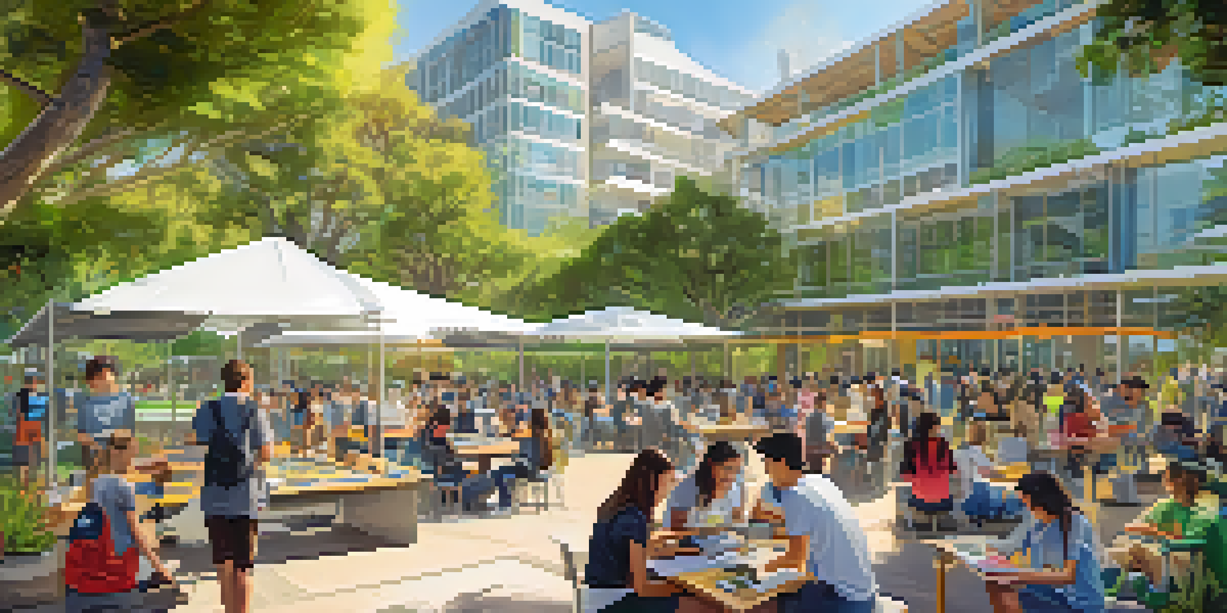 A lively university campus with students working on STEM projects amidst modern buildings and greenery.