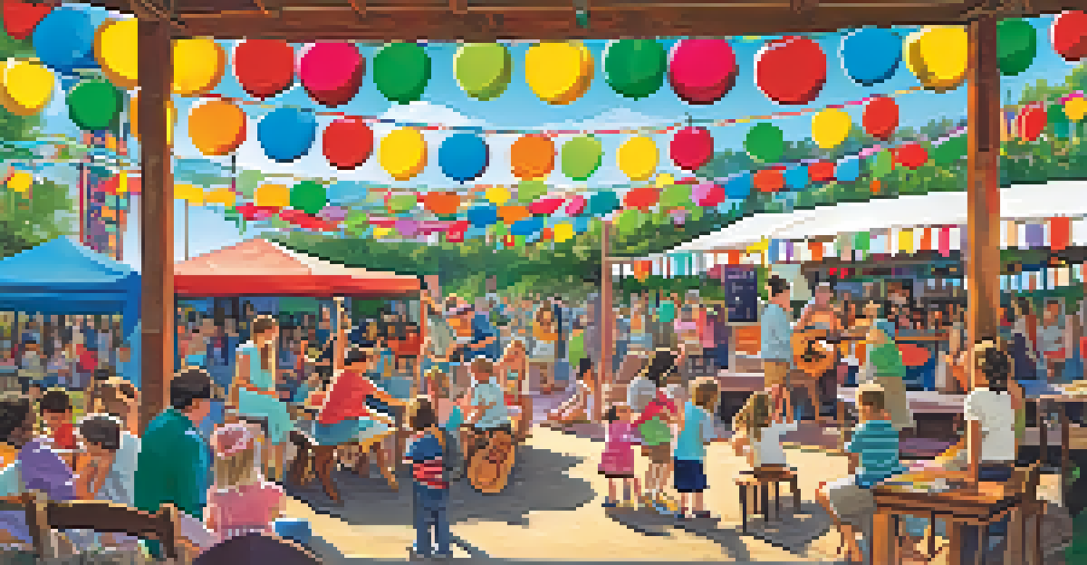 Children participating in arts and crafts at a family-friendly area of a folk music festival, with parents observing and a small performance nearby.