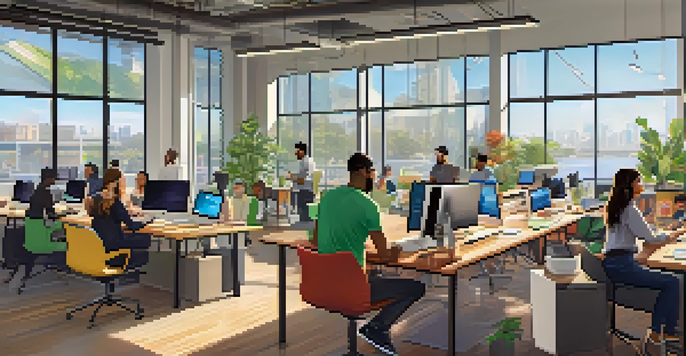 A diverse group of young professionals working together in a modern startup office in San Diego, with large windows showing a sunny view outside.