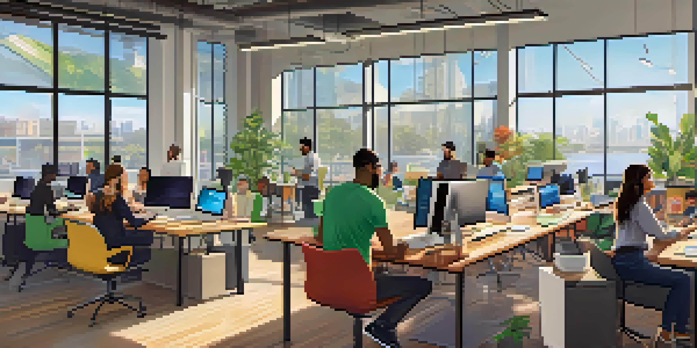 A diverse group of young professionals working together in a modern startup office in San Diego, with large windows showing a sunny view outside.