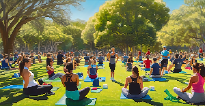 A group of diverse individuals participating in an outdoor boot camp workout in a sunny park, surrounded by trees and grass.