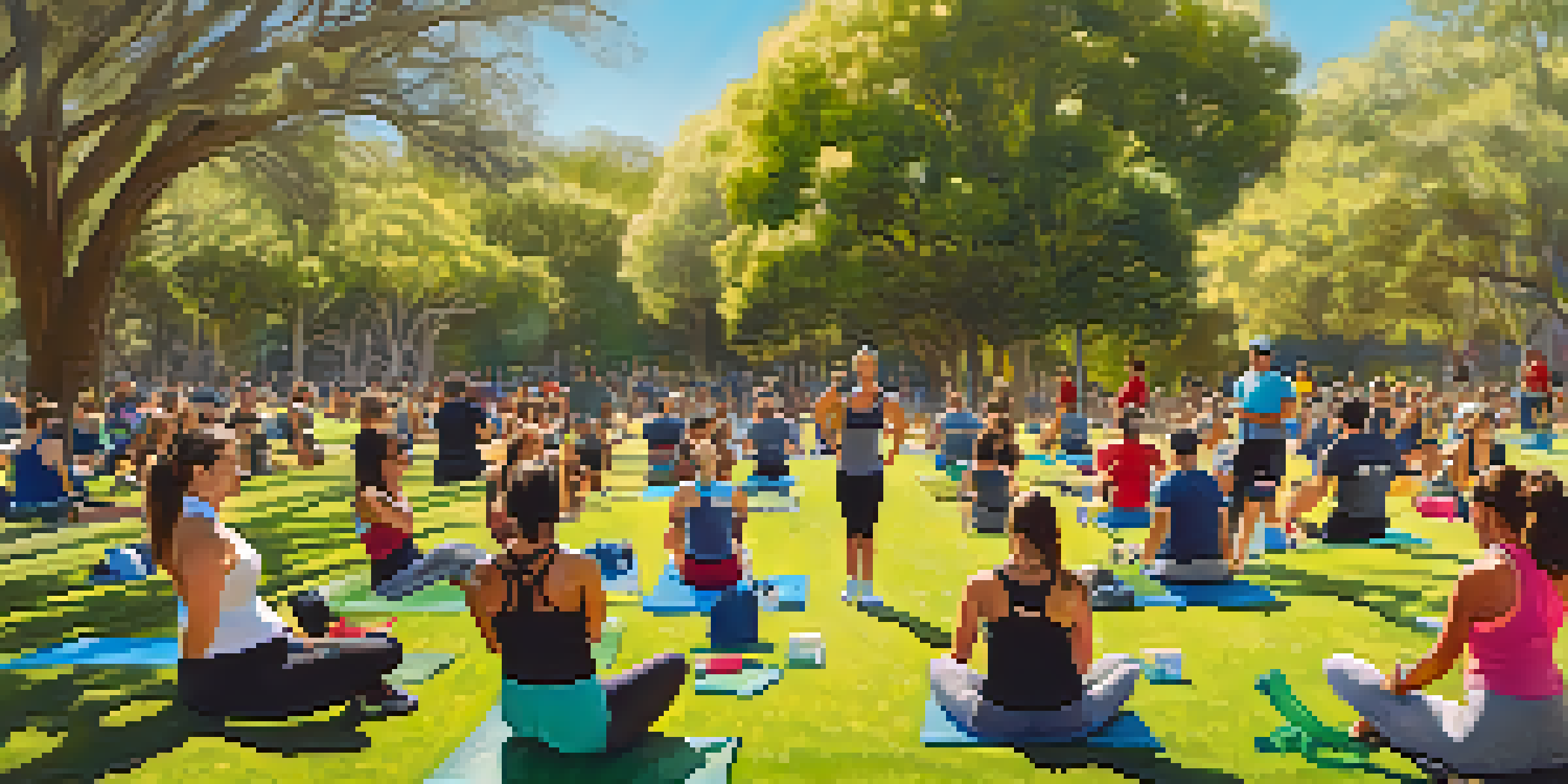 A group of diverse individuals participating in an outdoor boot camp workout in a sunny park, surrounded by trees and grass.