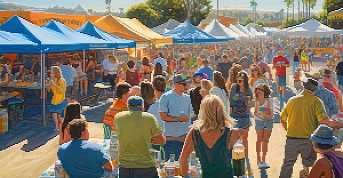 A sunny outdoor craft beer festival in San Diego with colorful tents and happy attendees, enjoying samples of different beers and food trucks in the background.