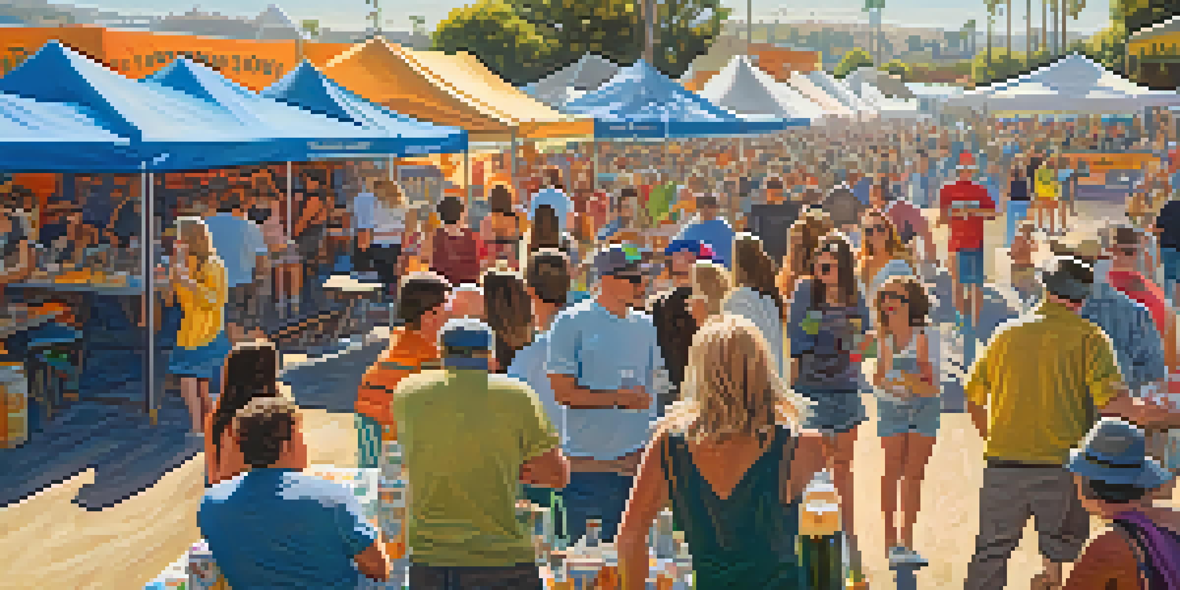 A sunny outdoor craft beer festival in San Diego with colorful tents and happy attendees, enjoying samples of different beers and food trucks in the background.