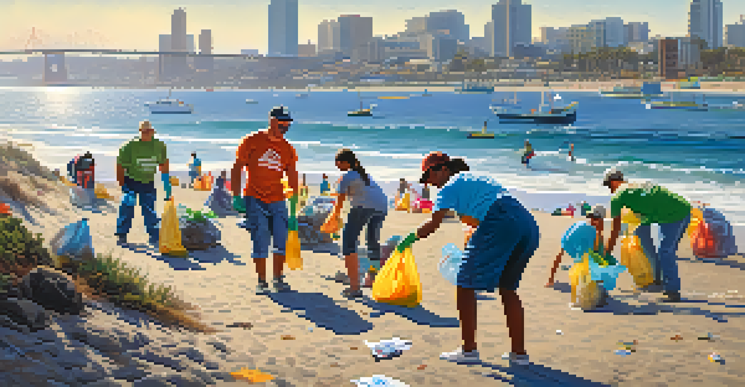 Volunteers cleaning the beach with bags of litter and the San Diego skyline in the background.