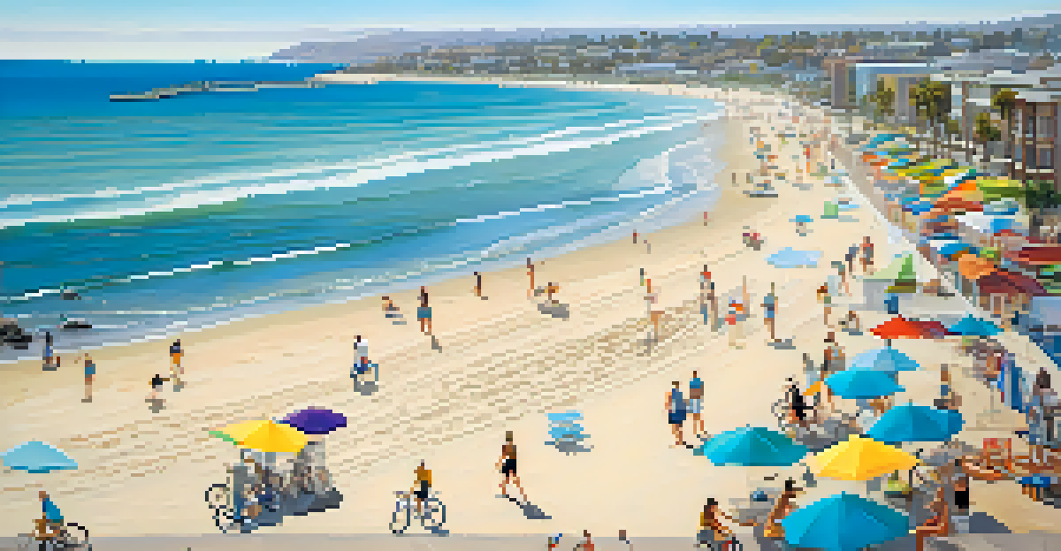 An aerial view of San Diego's coastline featuring bike paths, cyclists, and a lively beach scene with umbrellas and activities.