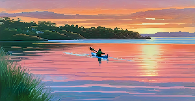 A kayaker paddling on calm waters at sunset, surrounded by trees and visible sea lions in the background.