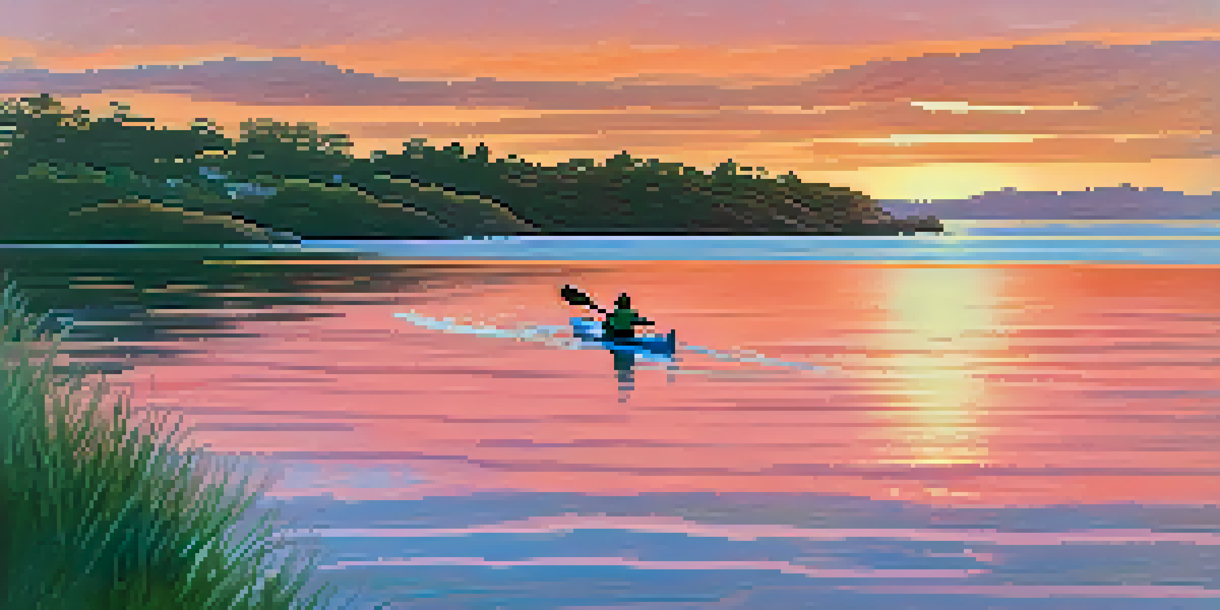 A kayaker paddling on calm waters at sunset, surrounded by trees and visible sea lions in the background.