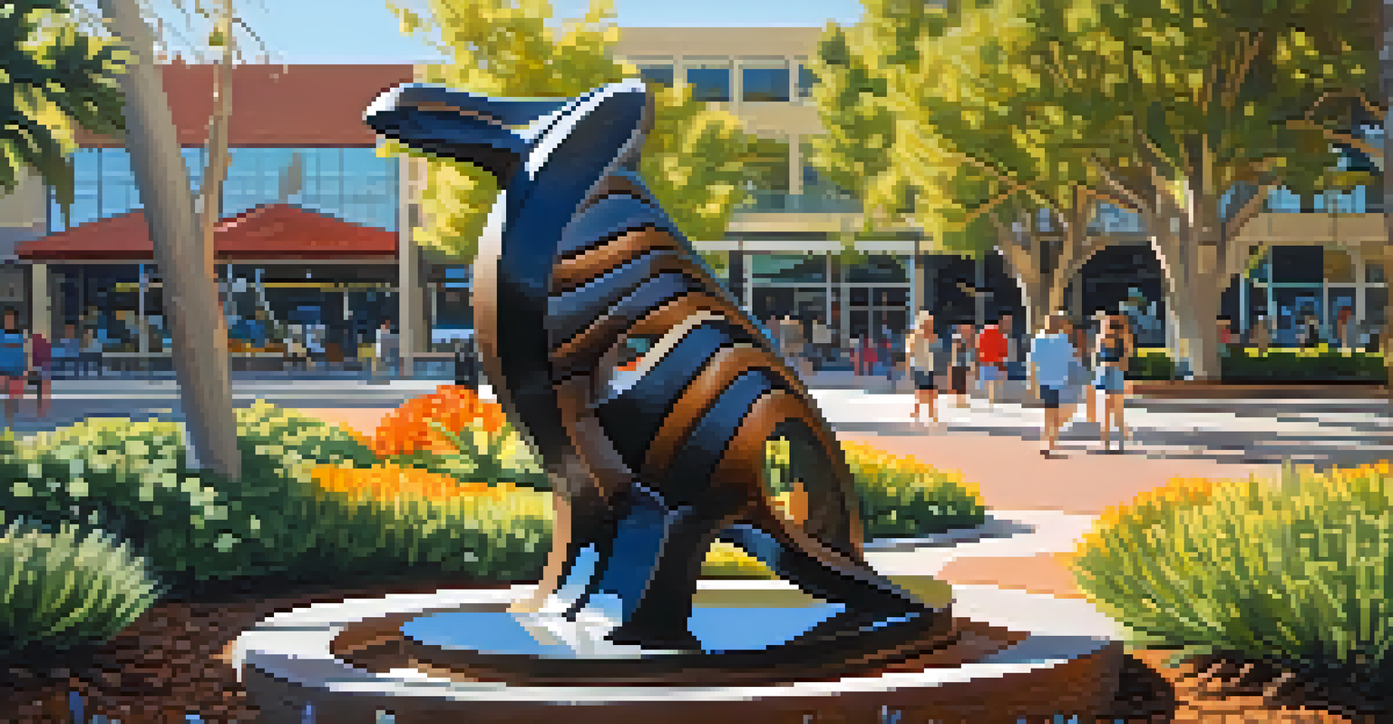 A close-up of a unique sculpture in Waterfront Park, surrounded by colorful native plants and dappled sunlight.
