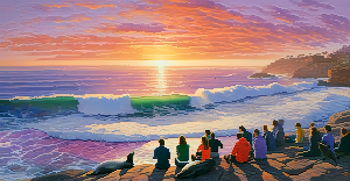 A stunning sunrise over La Jolla Cove, showcasing colorful reflections in the water, rocky cliffs, and sea lions.