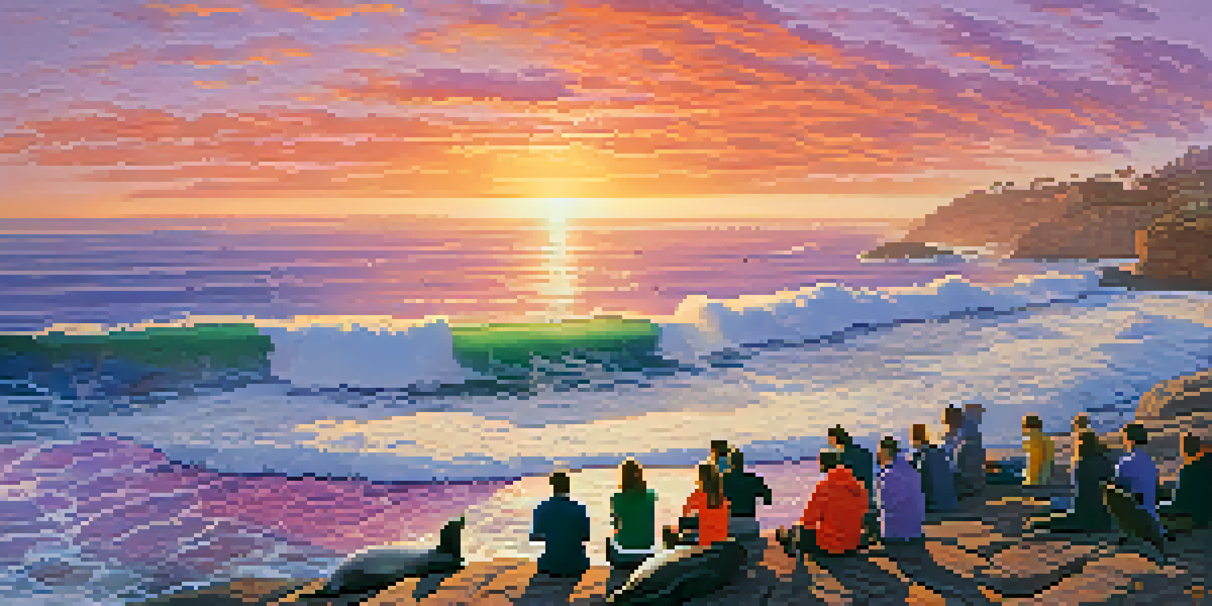 A stunning sunrise over La Jolla Cove, showcasing colorful reflections in the water, rocky cliffs, and sea lions.