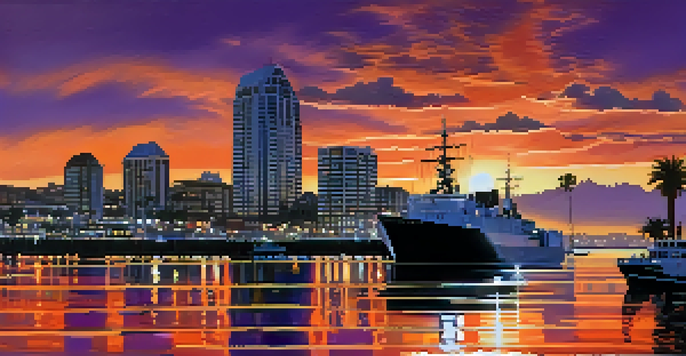 Panoramic view of San Diego's coastline at sunset with military ships in the harbor and silhouetted palm trees.