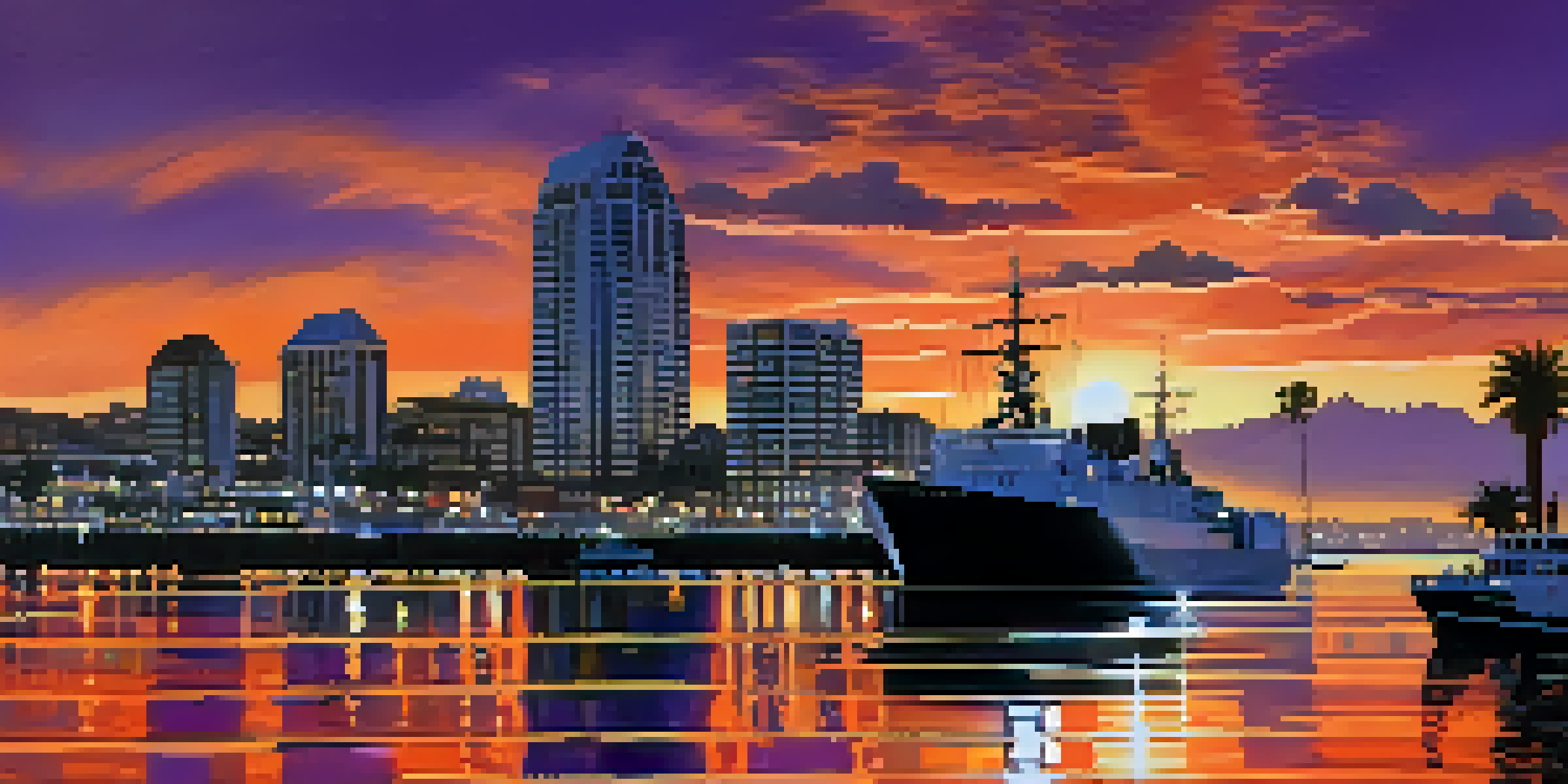 Panoramic view of San Diego's coastline at sunset with military ships in the harbor and silhouetted palm trees.