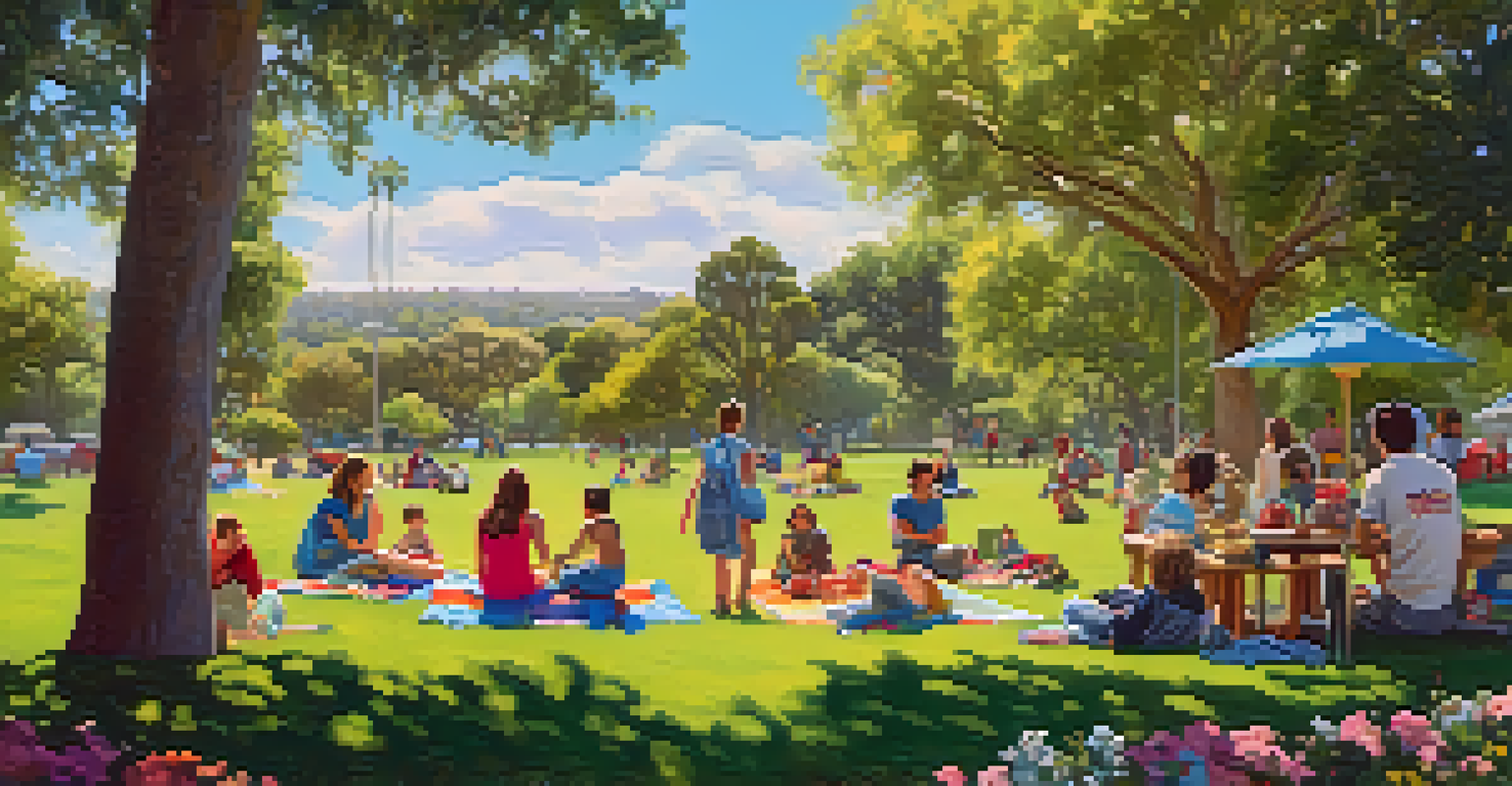 Families having a picnic in a park, children playing frisbee, surrounded by lush greenery and flowers.