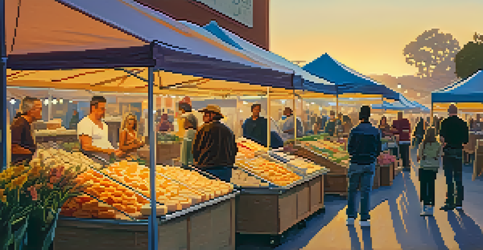A sunset scene at a farmers market with stalls of artisanal cheeses and flowers, creating a warm and inviting atmosphere.
