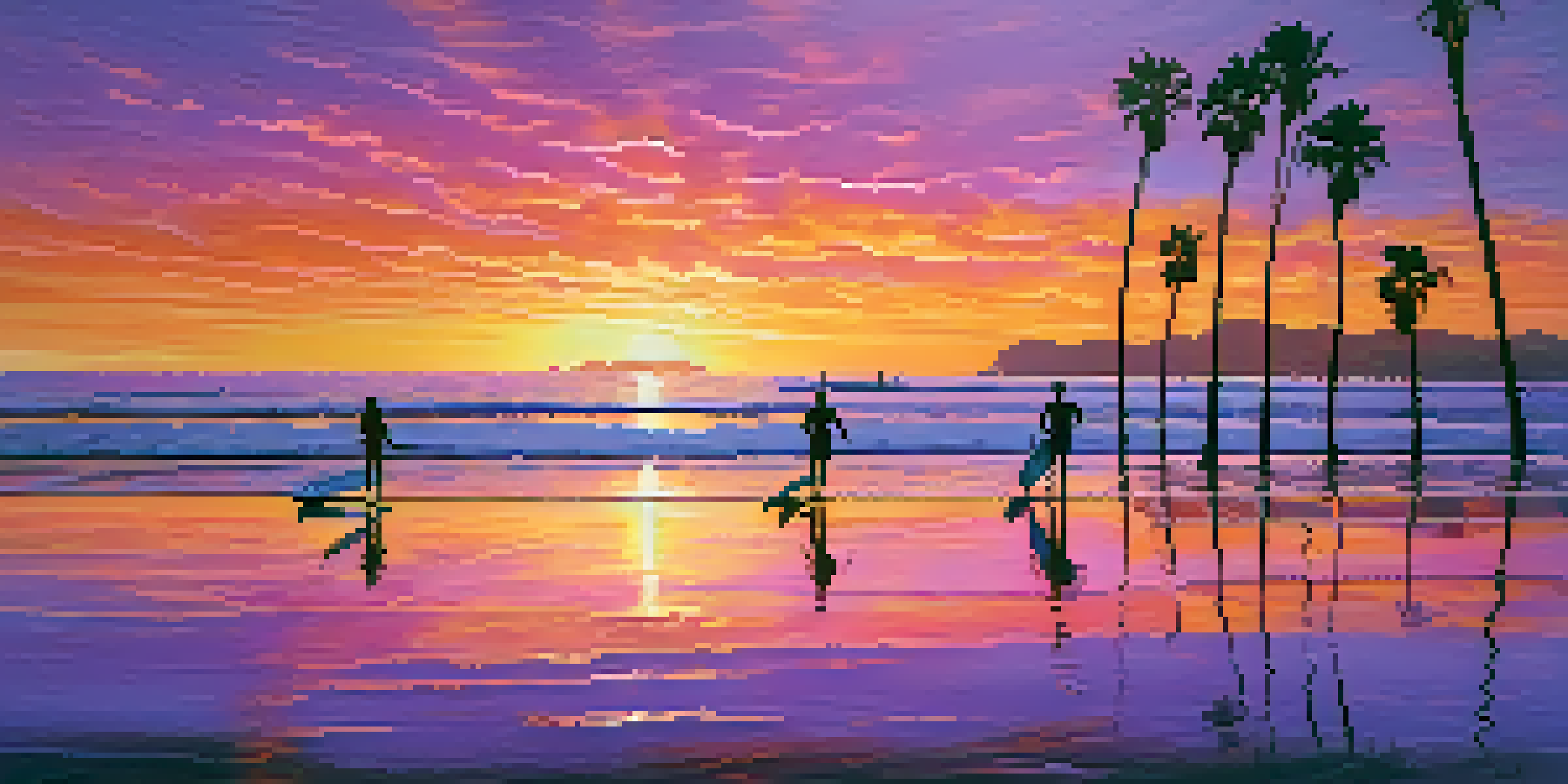 A colorful sunset over the ocean with surfers and palm trees.