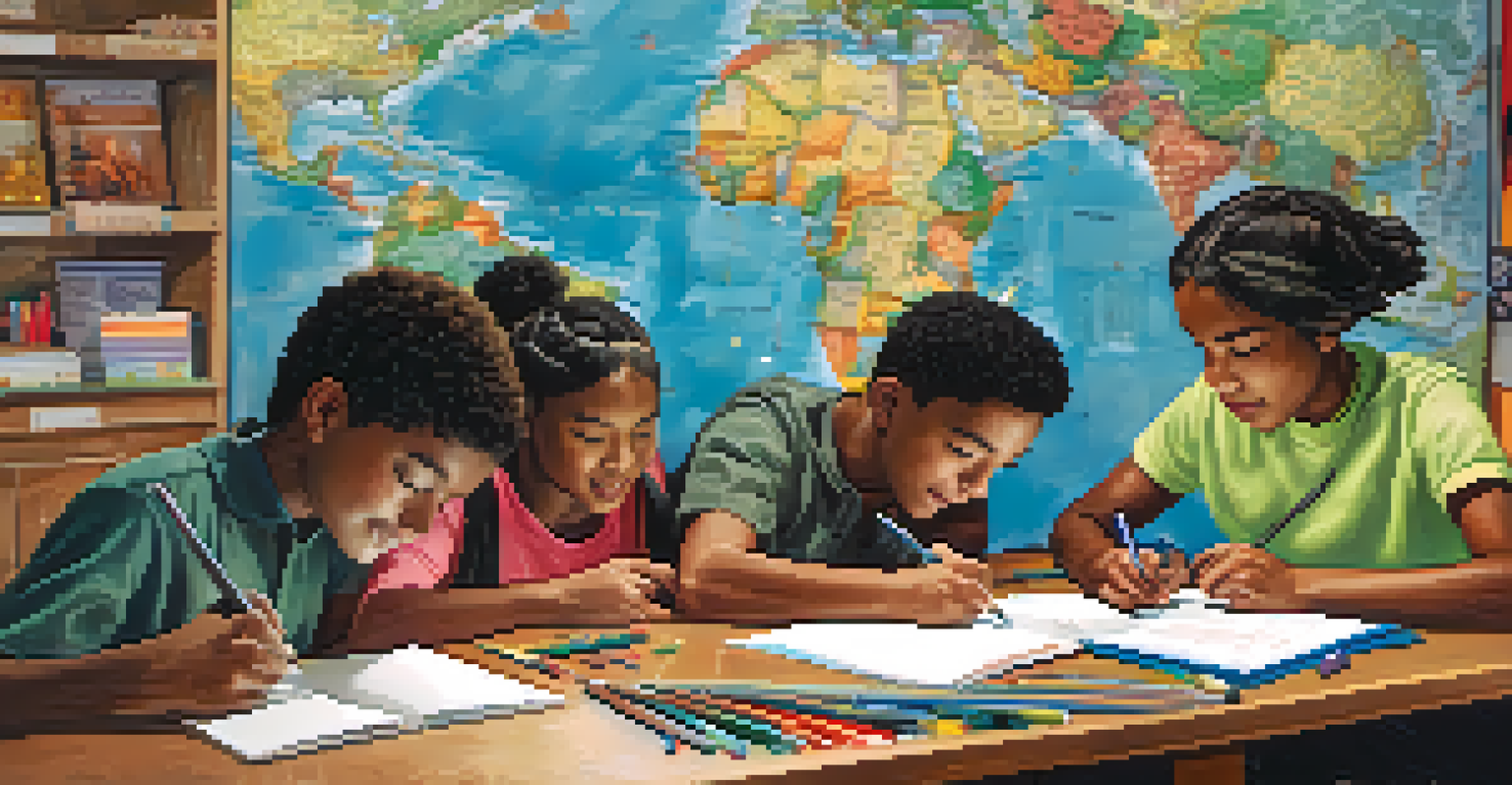 Students from various cultures exchanging letters and art supplies, surrounded by a world map and cultural symbols.