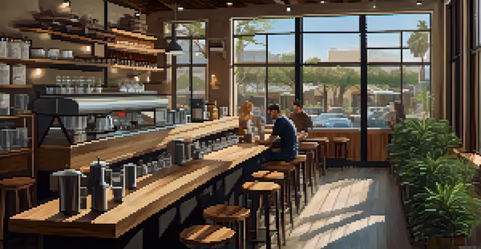 A warm and inviting coffee shop in San Diego with a barista making pour-over coffee, wooden decor, and sunlight streaming through large windows.