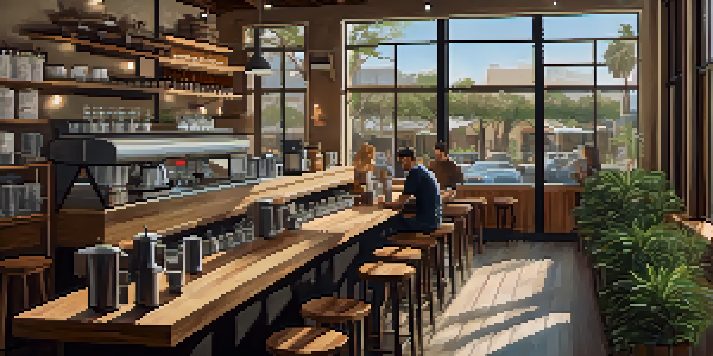 A warm and inviting coffee shop in San Diego with a barista making pour-over coffee, wooden decor, and sunlight streaming through large windows.