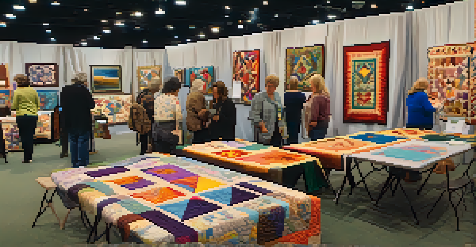 An indoor scene at the San Diego Quilt Show featuring colorful quilts and participants in quilting workshops.