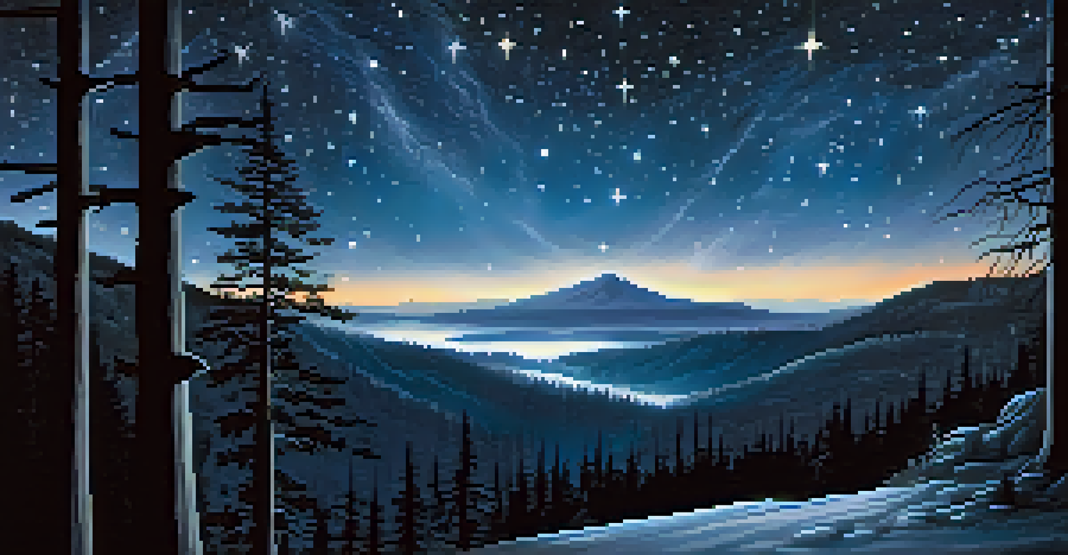 A night scene at Black Mountain with a starry sky, silhouette of the mountain, and fog drifting through trees.