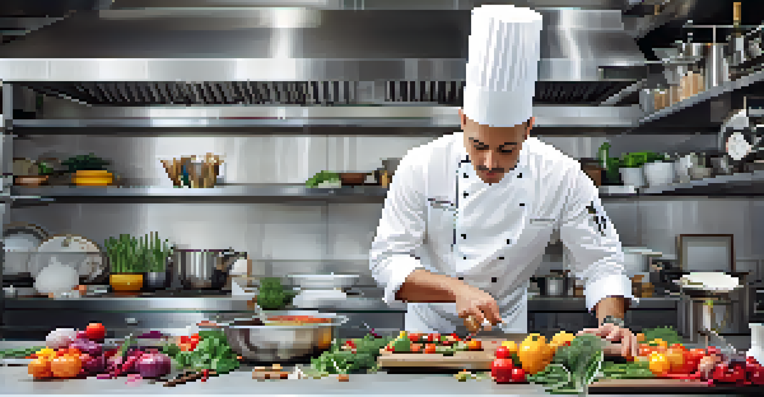 A professional chef plating a gourmet dish in a modern culinary kitchen, surrounded by fresh ingredients and cooking equipment.