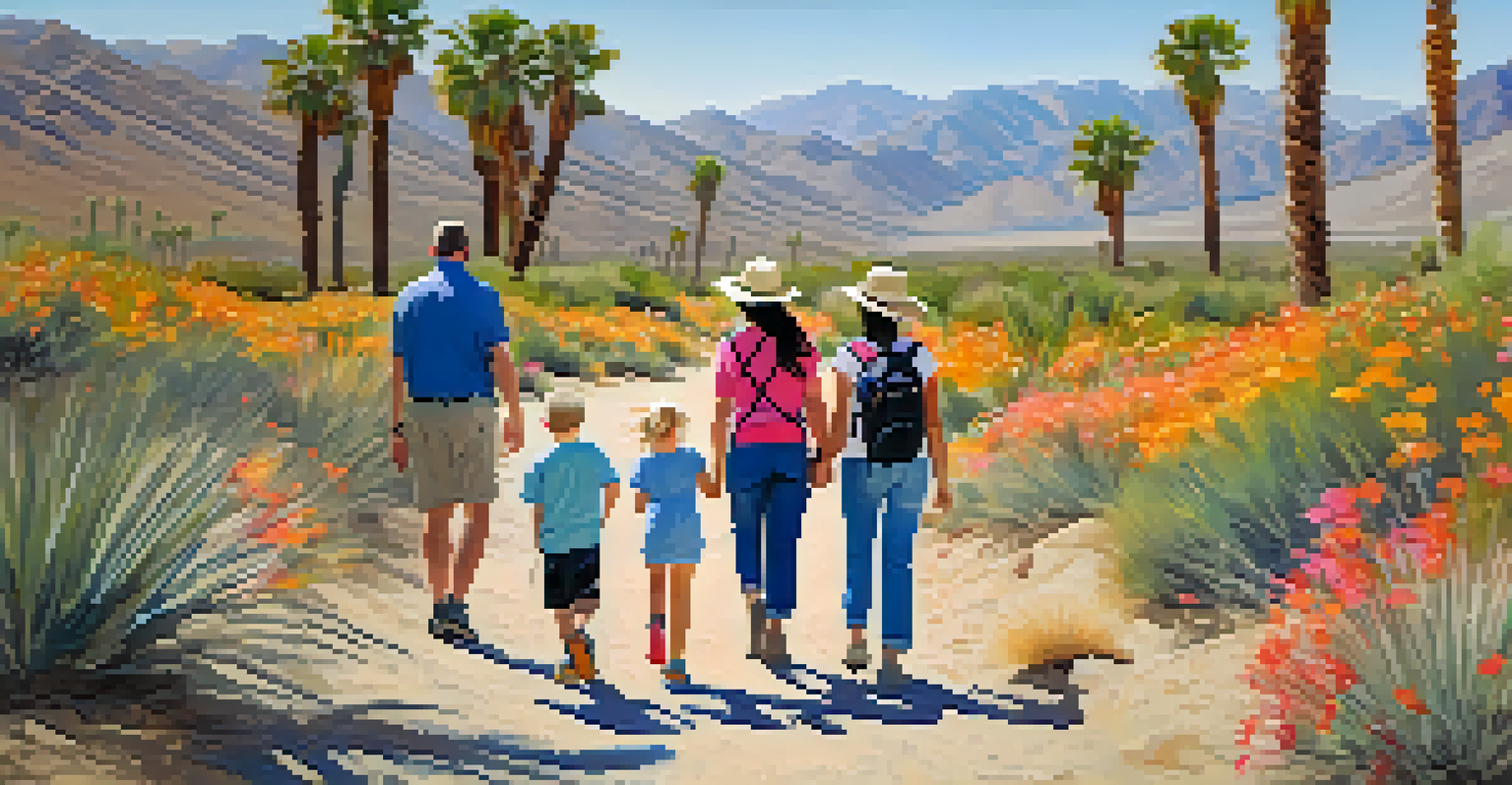 A family exploring a vibrant desert landscape filled with wildflowers and a hidden oasis.