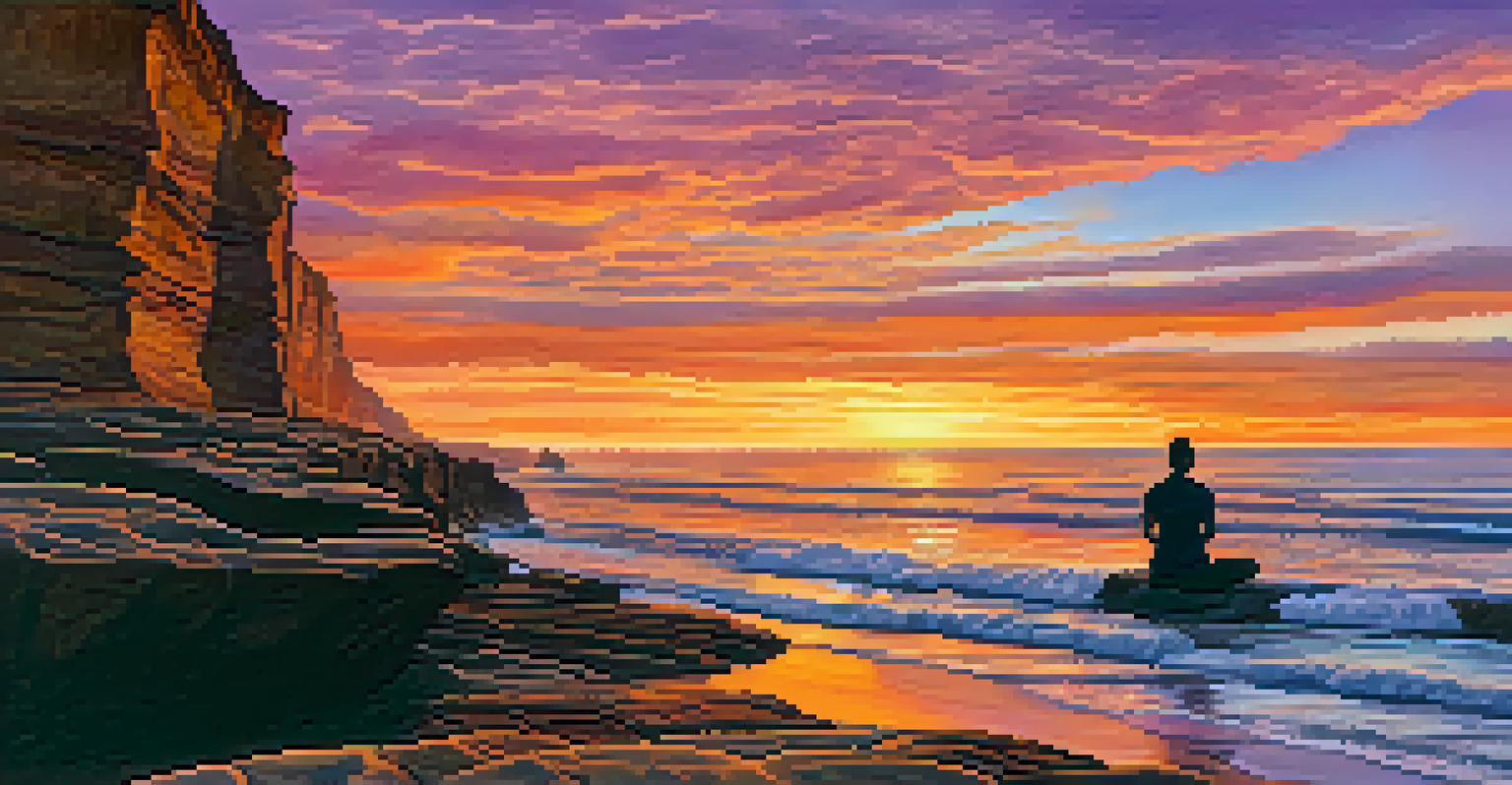 A lone yogi practicing yoga on a cliff at Sunset Cliffs Natural Park during a vibrant sunset, with crashing waves below.