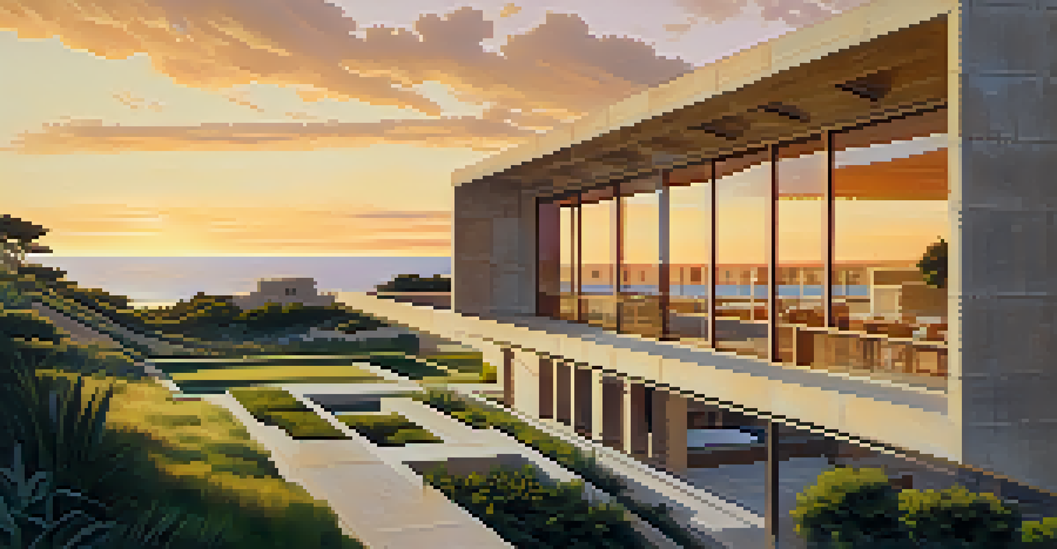 The Salk Institute in La Jolla, San Diego, illuminated by sunset, showcasing its modern architecture and ocean backdrop.