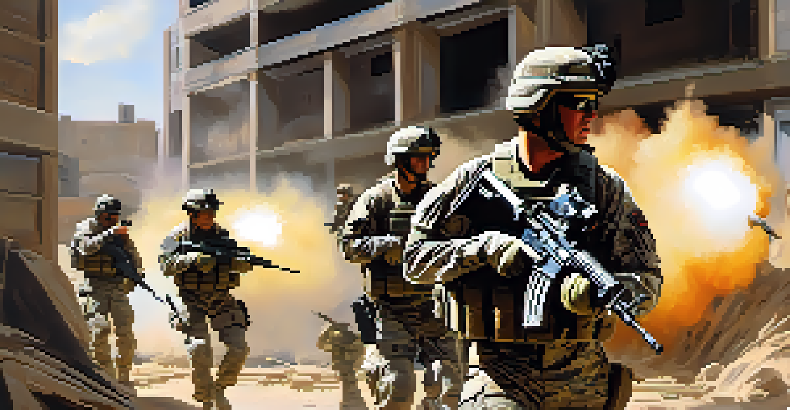 Military personnel in tactical gear engaged in a joint training exercise in an urban warfare facility.