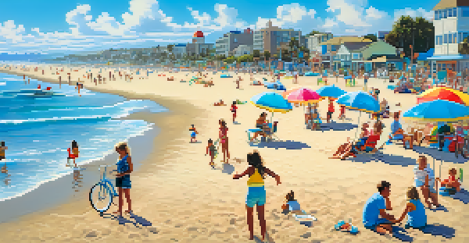 A family enjoying a sunny day at Mission Beach with children building sandcastles and parents relaxing under umbrellas.