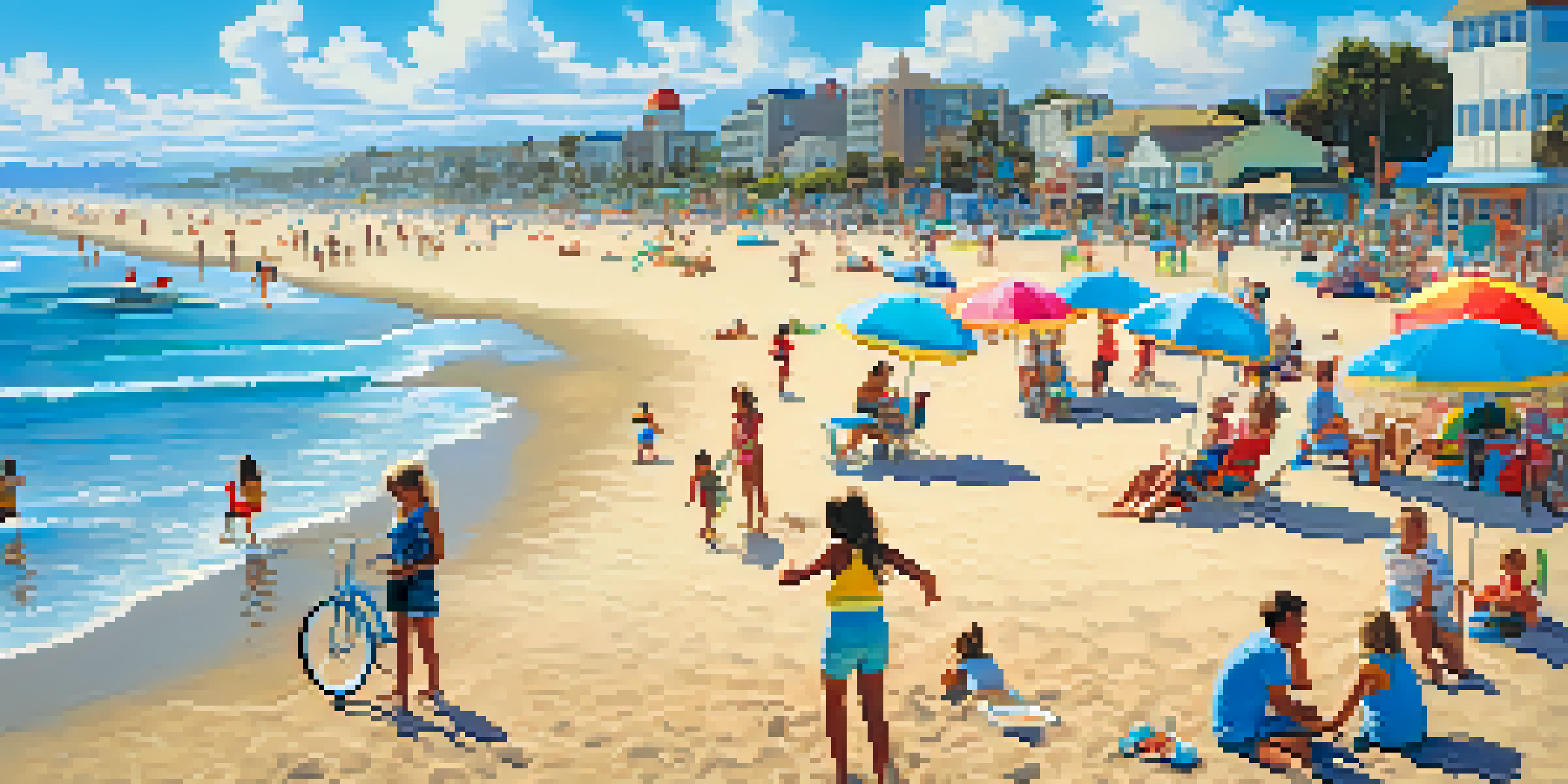 A family enjoying a sunny day at Mission Beach with children building sandcastles and parents relaxing under umbrellas.